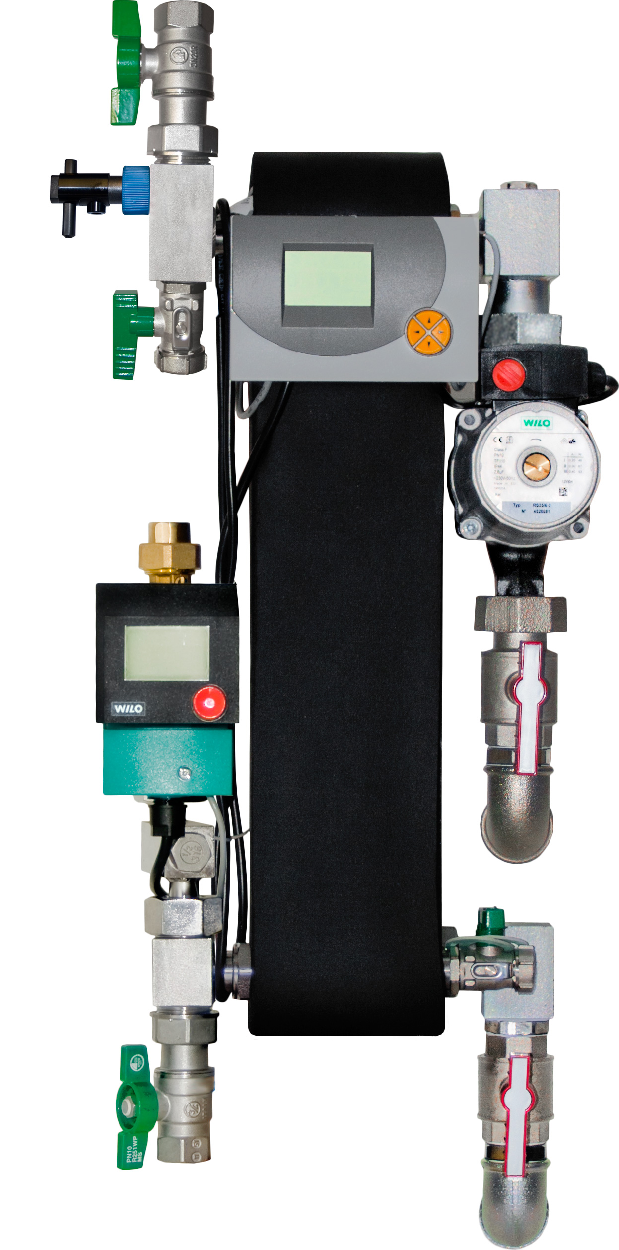 Ein komplexes Wasserpumpsystem mit verschiedenen Ventilen und digitalen Anzeigen.
