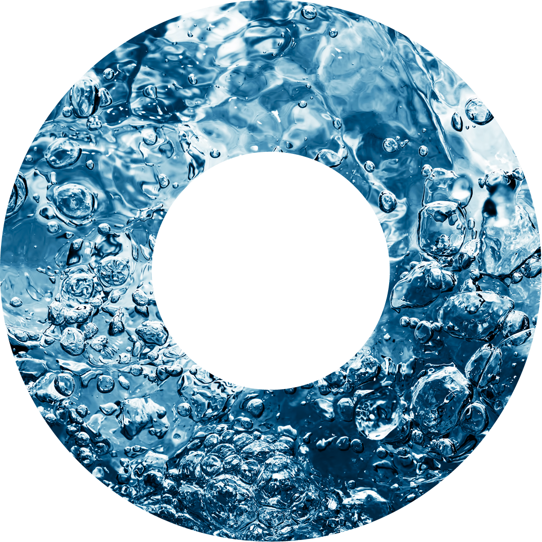 Ein runder Ausschnitt mit blauen Wasserblasen, die sich dynamisch bewegen.
