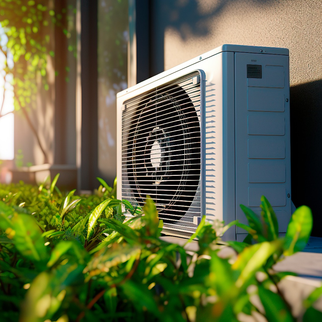 Air heat pump near modern house.
