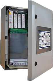 Gehäuse mit elektronischen Komponenten und Diagramm, teilweise geöffnet, grau.