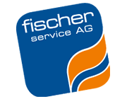 Blaues Logo der Fischer Service AG mit orangefarbenem Flammenmotiv links unten.