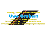 Visitenkarte für Heizungs- und Sanitärinstallationen, Firmennamen und Kontaktinformationen in Blau und Gelb.