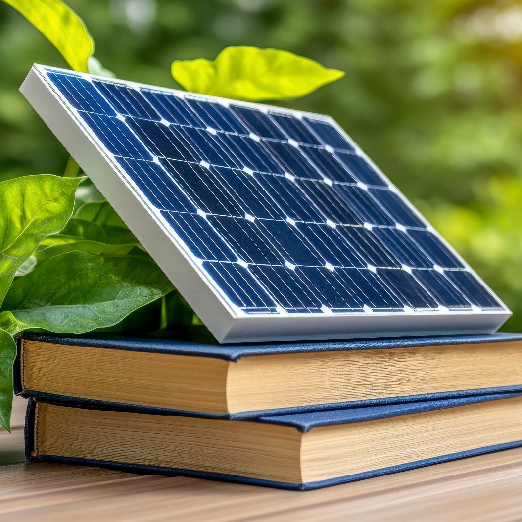 Kleines Solarpanel auf Büchern im Freien im Sonnenlicht