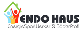 Logo von ENDO HAUS mit buntem Haus und drei Figuren. Text: "EnergieSparWerker & BäderProfi".