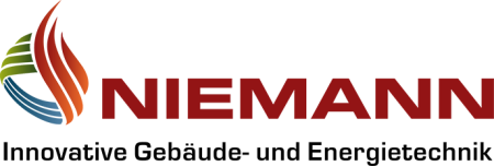 Logo von Niemann, bunte Flamme, Schriftzug in Rot, mit Text: "Innovative Gebäude- und Energietechnik".