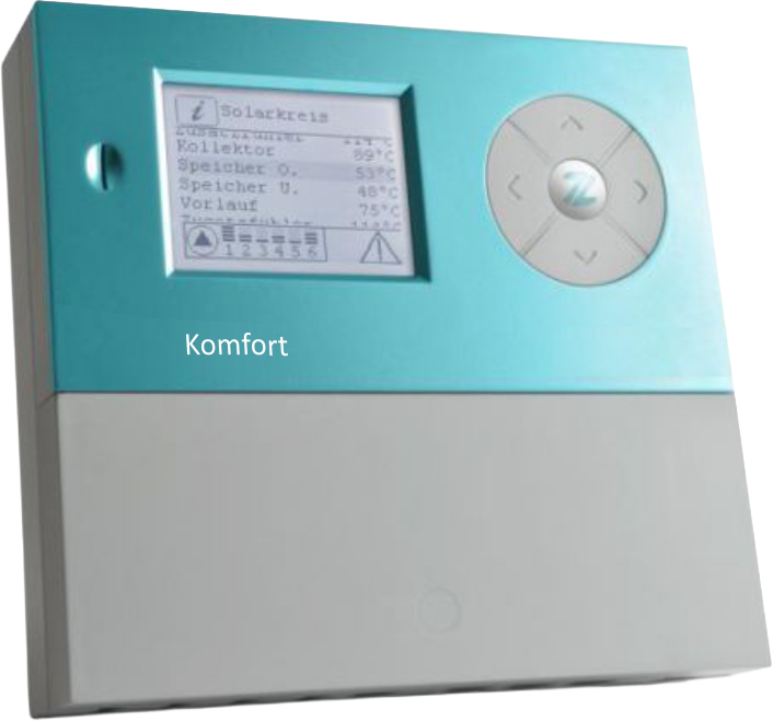 Ein blau-grauer digitaler Heizungsregler mit Display und Bedienknöpfen.