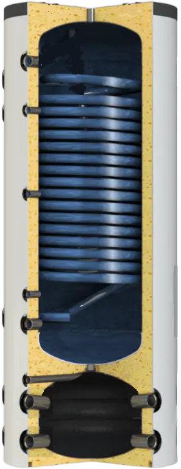 Schnitt eines blauen Tanks mit Spirale innen und gelber Isolierung.
