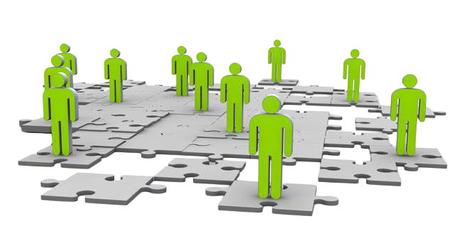 Grüne Figuren stehen auf grauen Puzzleteilen, symbolisieren Vernetzung.